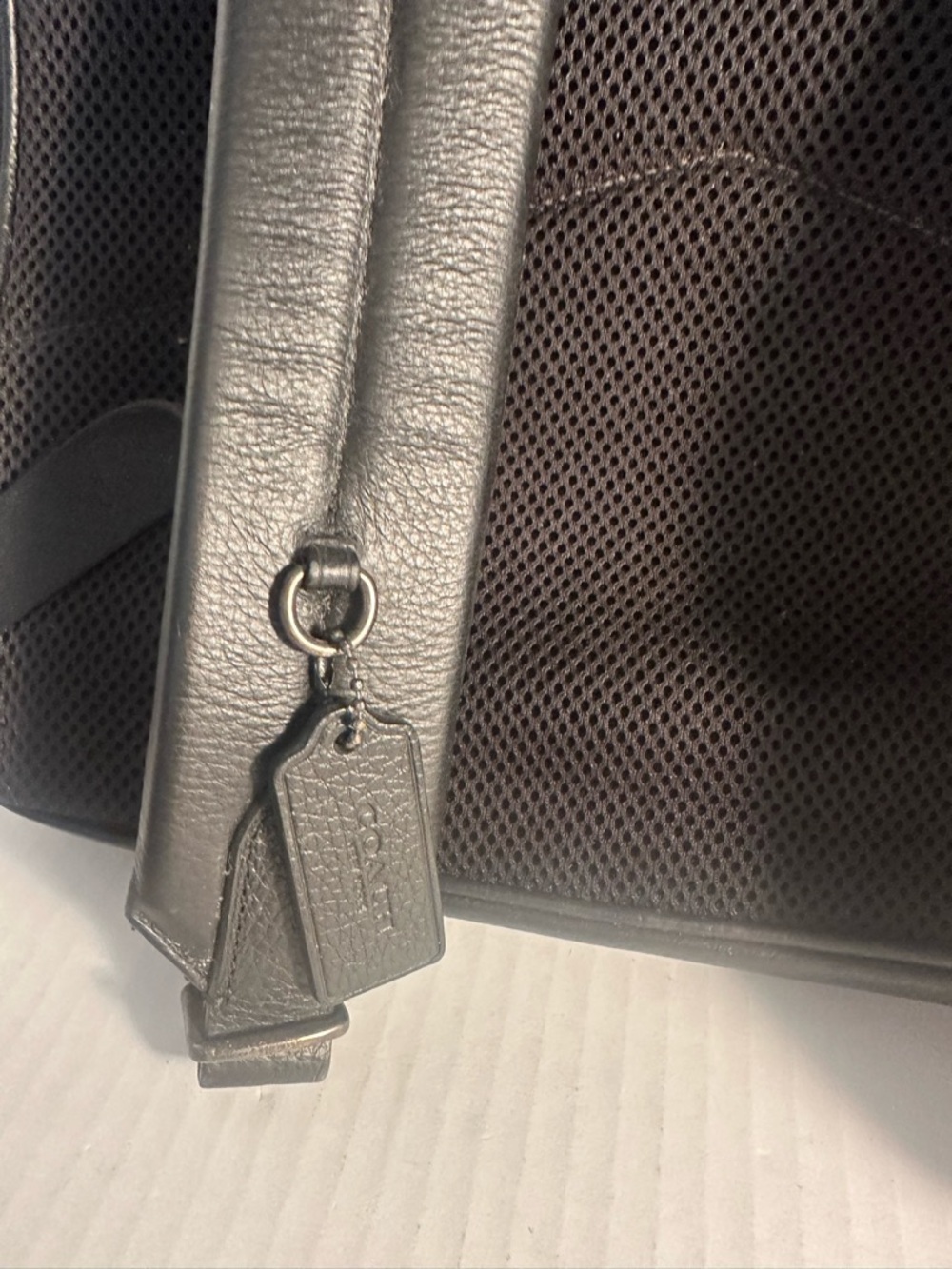 Coach Black Leather Backpack with Brown and Navy Stripe Detailing - Picture 9 of 16